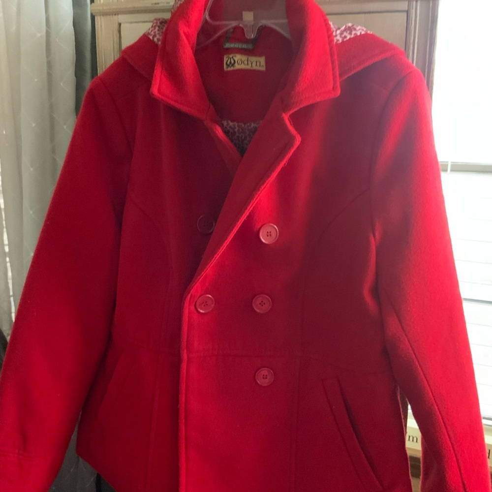 Red Odyn Striking Red Pea Coat with Hood